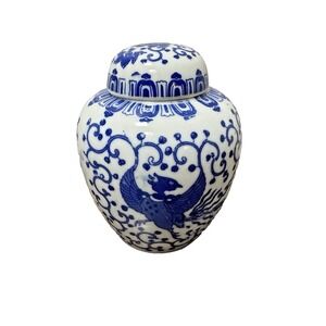 Blue & White Phoenix Bird Floral Japanese Ginger Jar with Lid Vintage Japan